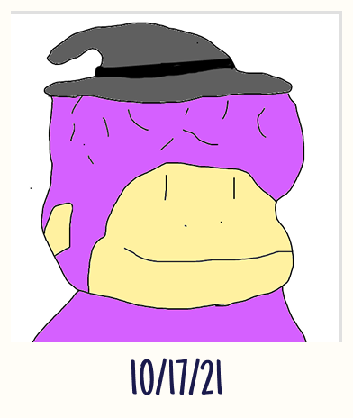 A Smol Brain drawn by the community: a purple Smol Brain in a witch's hat, dated 10/17/21