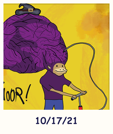 A Smol Brain drawn by the community: a Smol pumping up its enormous brain with a bicycle pump, dated 10/17/21