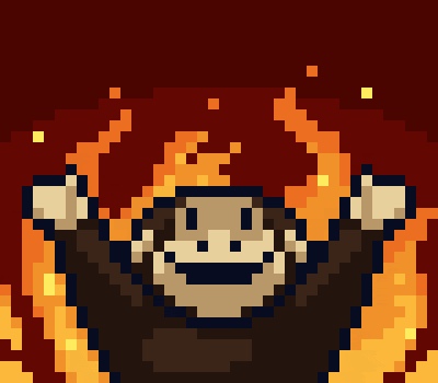 A pixel Smol grinning in a room on fire