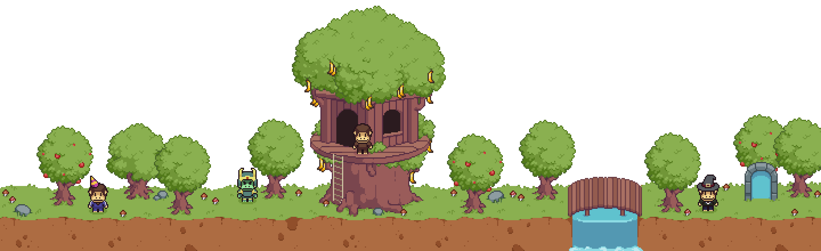 The old Smol world in pixels: Smols out walking by a treehouse hung with bananas, apple trees, a little bridge over a stream